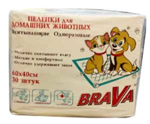 Пеленки для собак и кошек brava впитывающие одноразовые 60*40см 30шт /12/