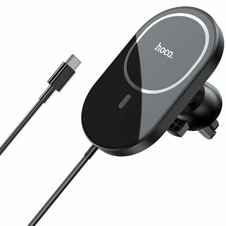 Автодержатель для iPhone 12 Series в дефлектор с беспроводной быстрой зарядкой 15W Hoco CA90 Powerful Черный
