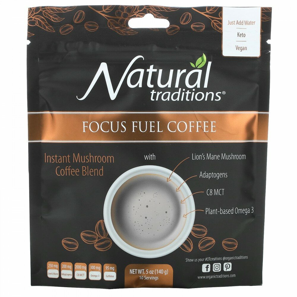 Organic Traditions, Focus Fuel Coffee, растворимый кофе с грибами, 140 г (5 унций) - фотография № 1