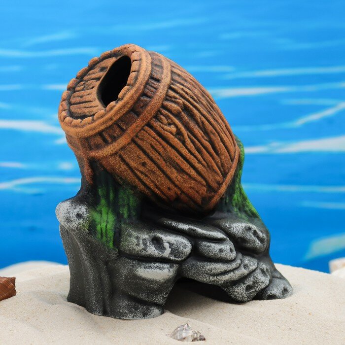 Декор для аквариума "Бочка на камнях", керамический, 13 x 10 x 17 см - фотография № 1