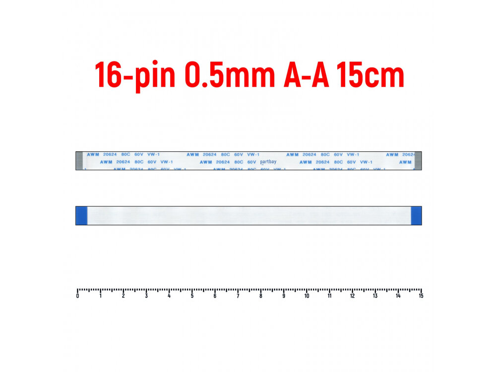 Шлейф FFC 16-pin Шаг 0.5mm Длина 15cm Прямой A-A AWM 20624 80C 60V VW-1