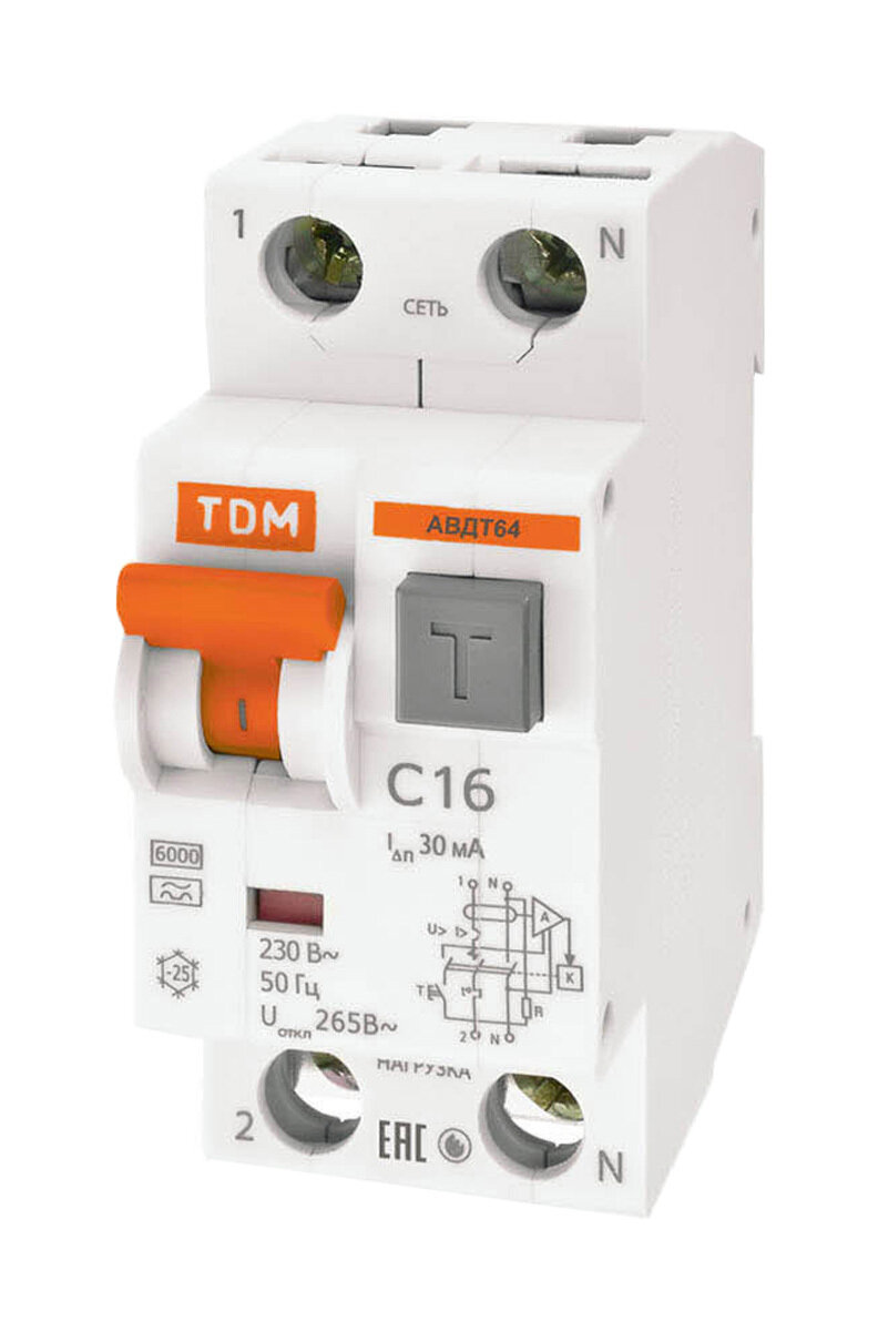 Дифференциальный автоматический выключатель TDM Electric АВДТ64 2P 16А 30мА класс A