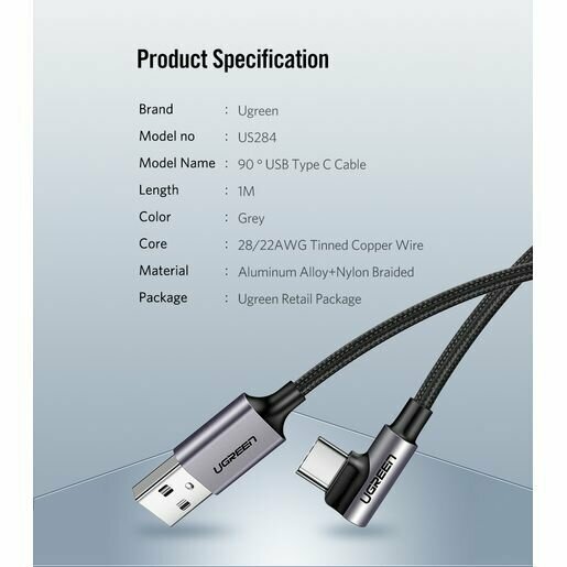 Кабель UGREEN 70255 USB-A/USB-C, угловой, 3м, black - фото №13