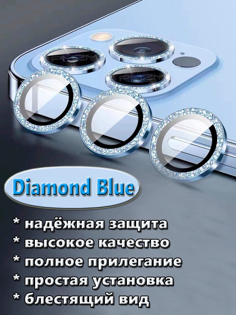 Защитное стекло линзы на камеру iPhone 13pro/13promax голубые с алмазным напылением.