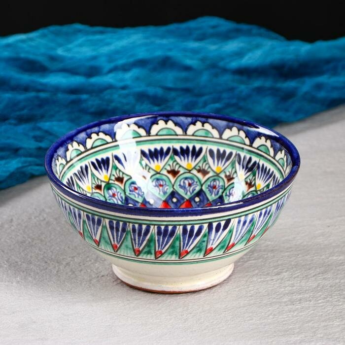 Салатник, пиала, коса, тарелка глубокая, посуда из керамики "Цветы" 15 см, малая, синяя - фотография № 1