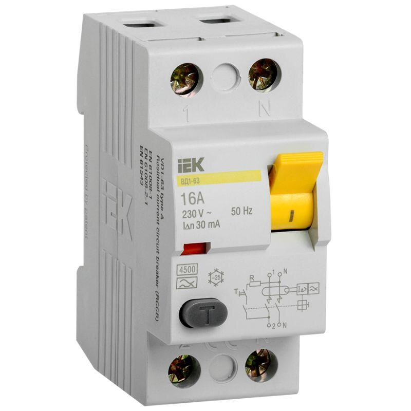 Выключатель дифференциального тока (УЗО) 2п 16А 30мА тип A ВД1-63 IEK MDV11-2-016-030 (1 шт.)