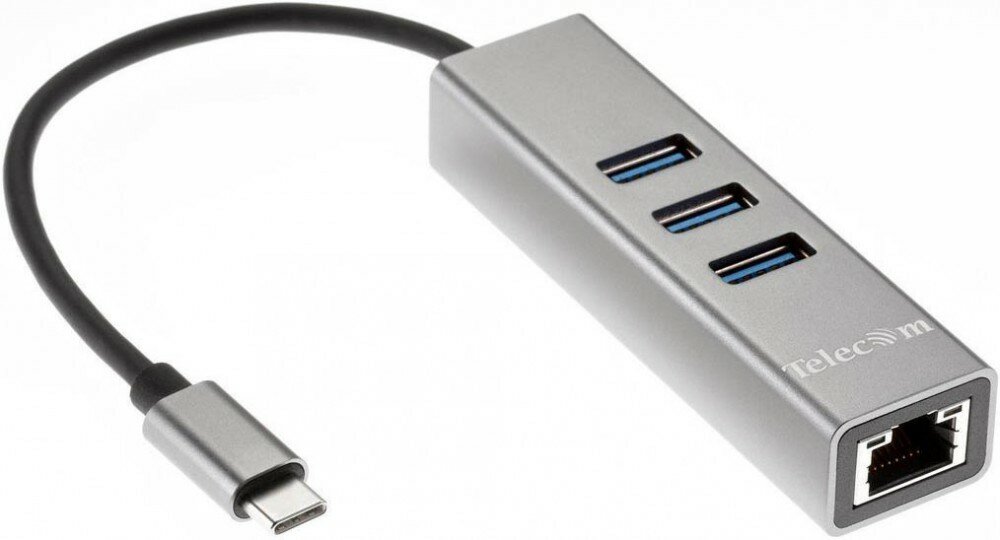 Сетевой адаптер Telecom TA311C USB 3.1 Type-C -->RJ-45 1000Mbps +3 х USB3.0 Hub, Aluminum Shell, 0.2 м