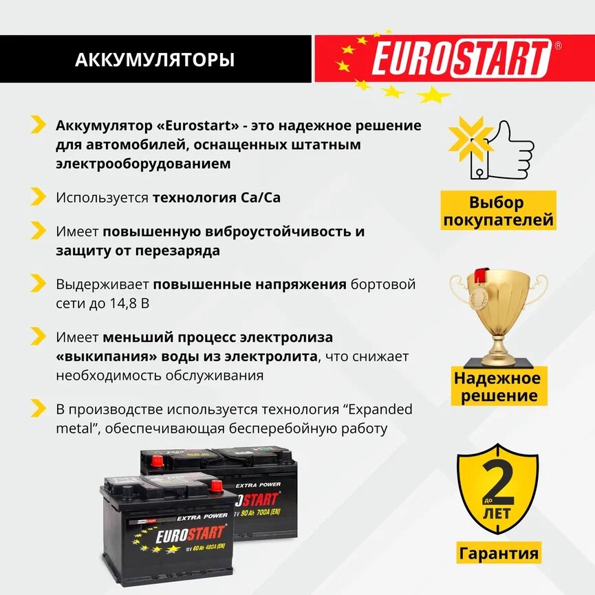 Аккумулятор автомобильный EUROSTART Extra Power 100 Ah 800 A обратная полярность 353x175x190