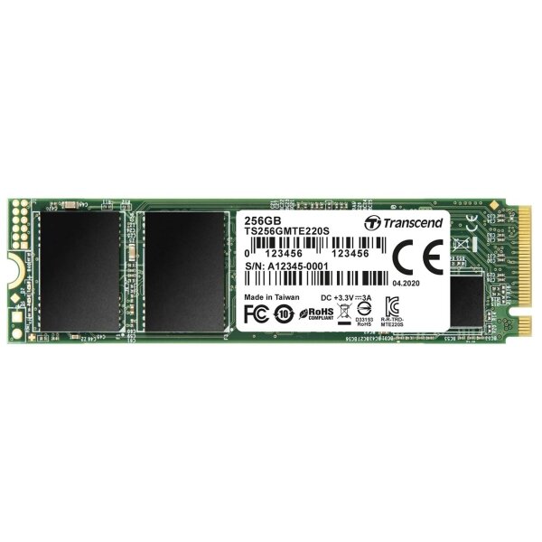 Твердотельный накопитель Transcend MTE220S SSD 256GB, 3D TLC, M.2 (2280), PCIe Gen 3.0 x4, NVMe, R3300/W1100, TBW 550