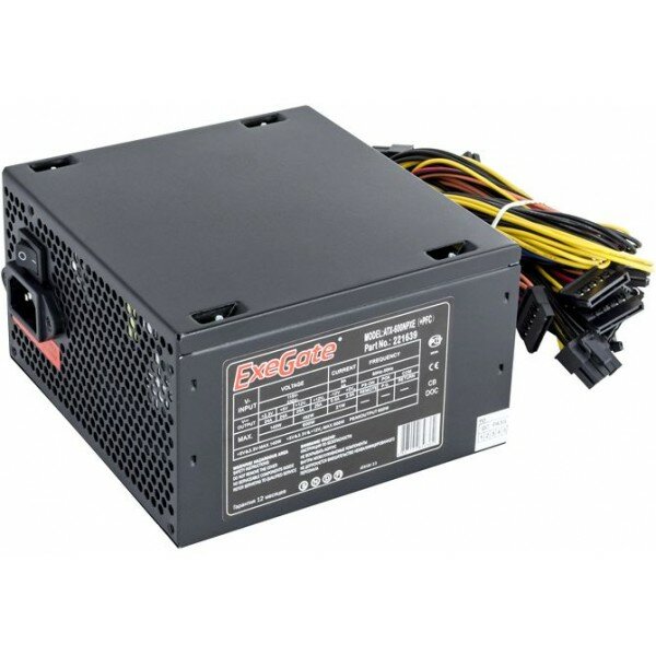 Блок питания 600W Exegate 600NPXE(+PFC), ATX, SC, black, 12cm, 24p+(4+4)p,6/8p PCI-E,4SATA, 3IDE, FDD + кабель 220V с защитой от выдергивания