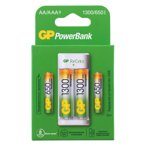 AA/AAA Аккумуляторная батарейка + Зарядное устройство GP PowerBank E211130, 4 шт. 1300мAч