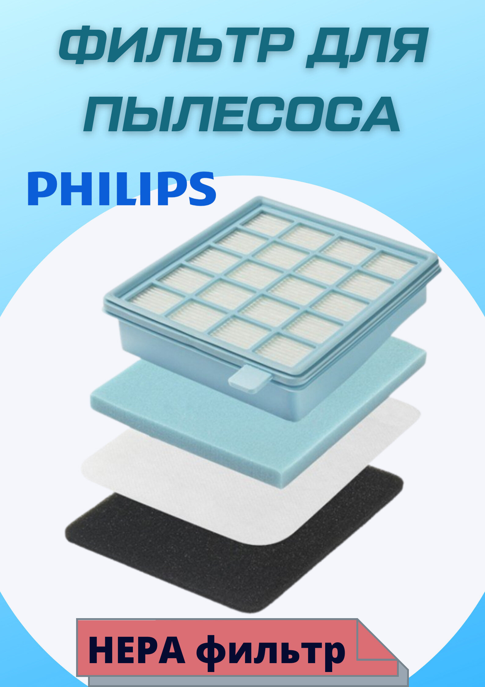 HEPA фильтр для пылесоса Philips (Филипс) 140х100х30 FC8470, FC8477, FC8472 43220093801 - фотография № 1