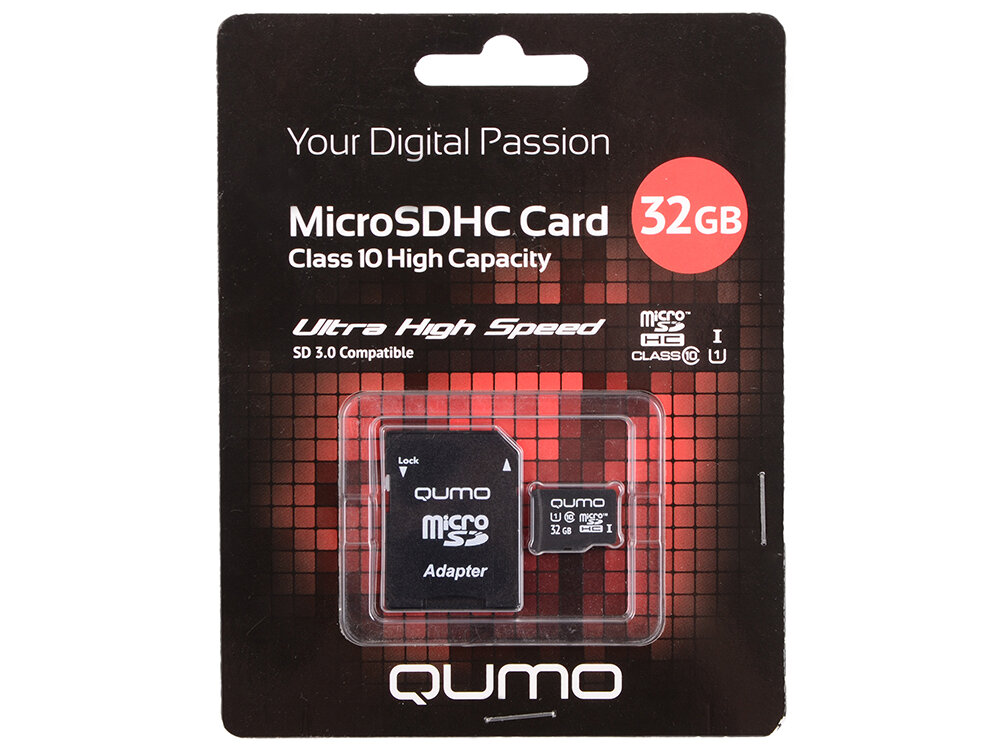 Карта памяти Micro SDHC 32Gb class 10 QUMO QM32GMICSDHC10U1 + SD adapter