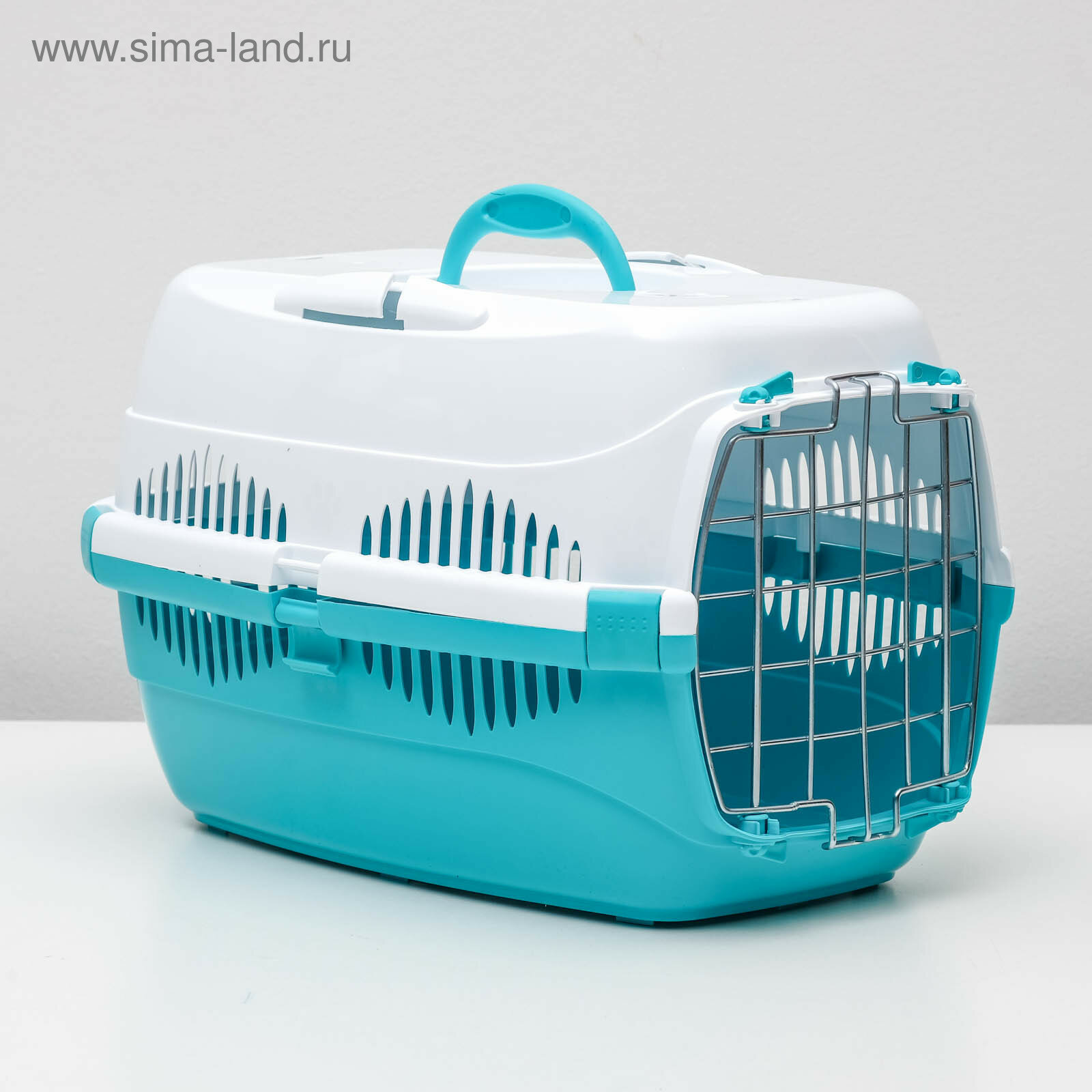 фото Переноска для животных до 9 кг, металлическая дверь, 43х29х27,5 см, бело-бирюзовая