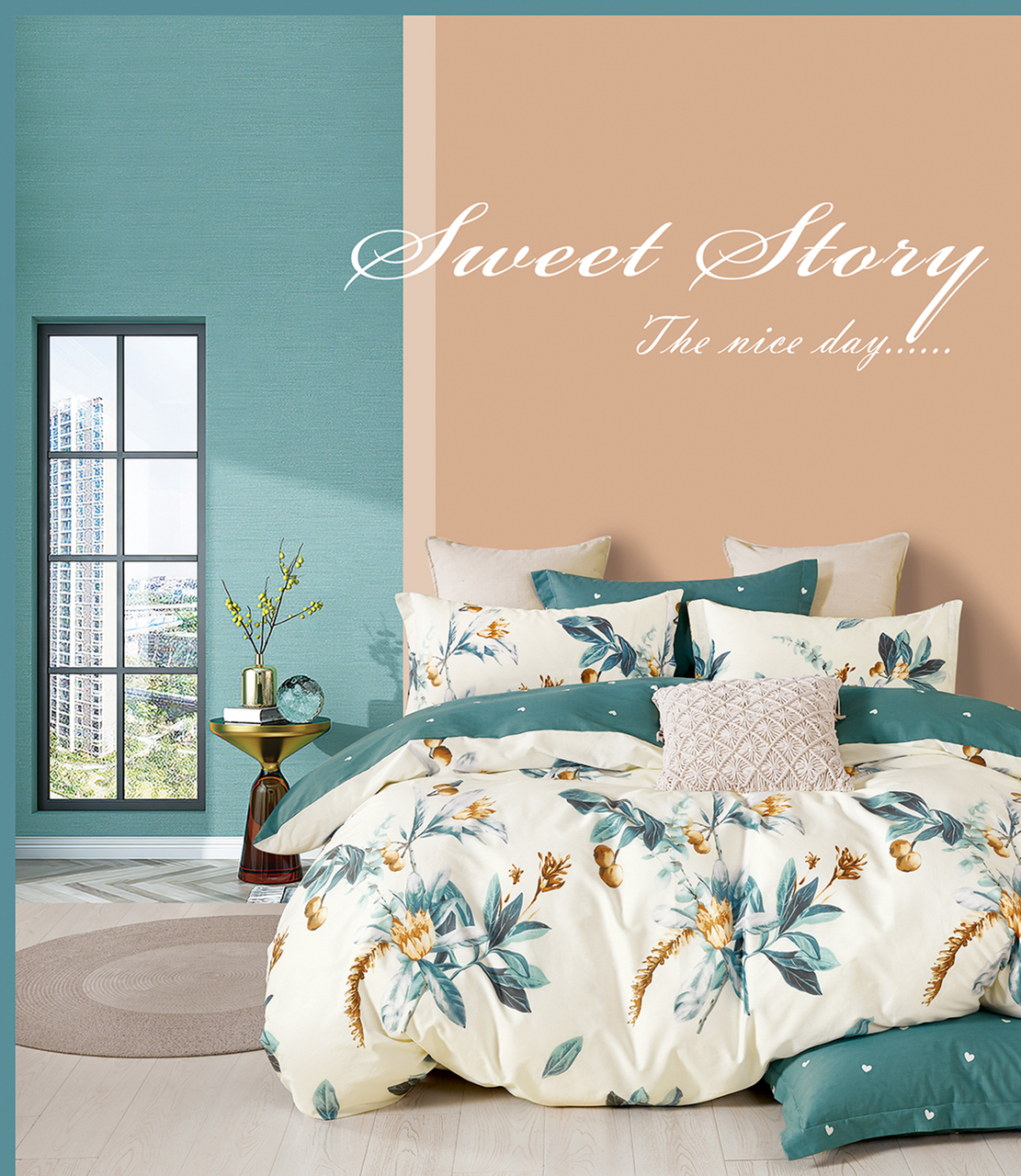 Комплект постельного белья Guten Morgen Sweet story aqua сатин 200Tc двуспальный