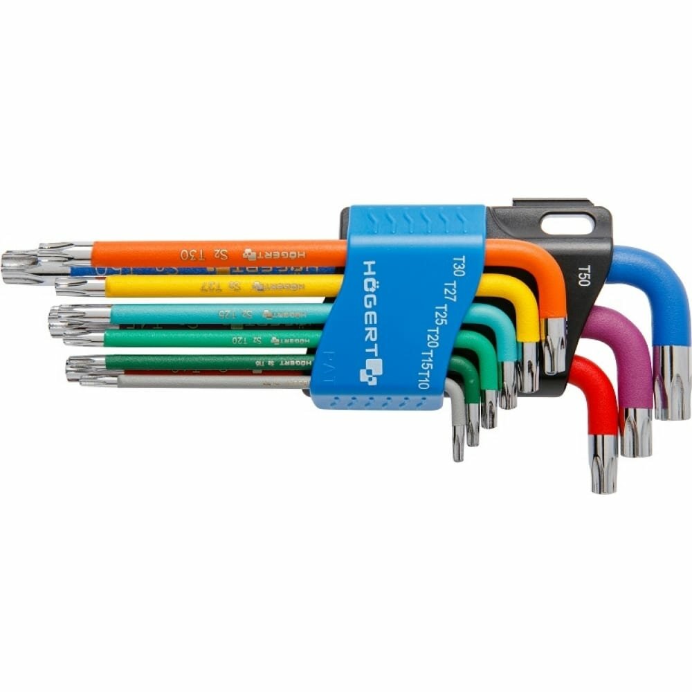 фото HOEGERT TECHNIK Набор Г-образных удлиненных ключей TORX с цветной маркировкой, Т10-Т50, 9