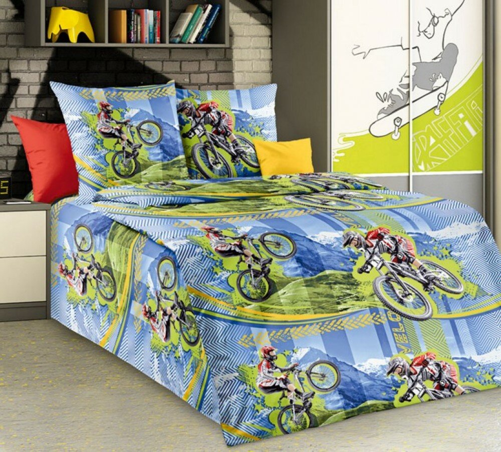 Детское постельное белье бязь голубое с велосипедистом