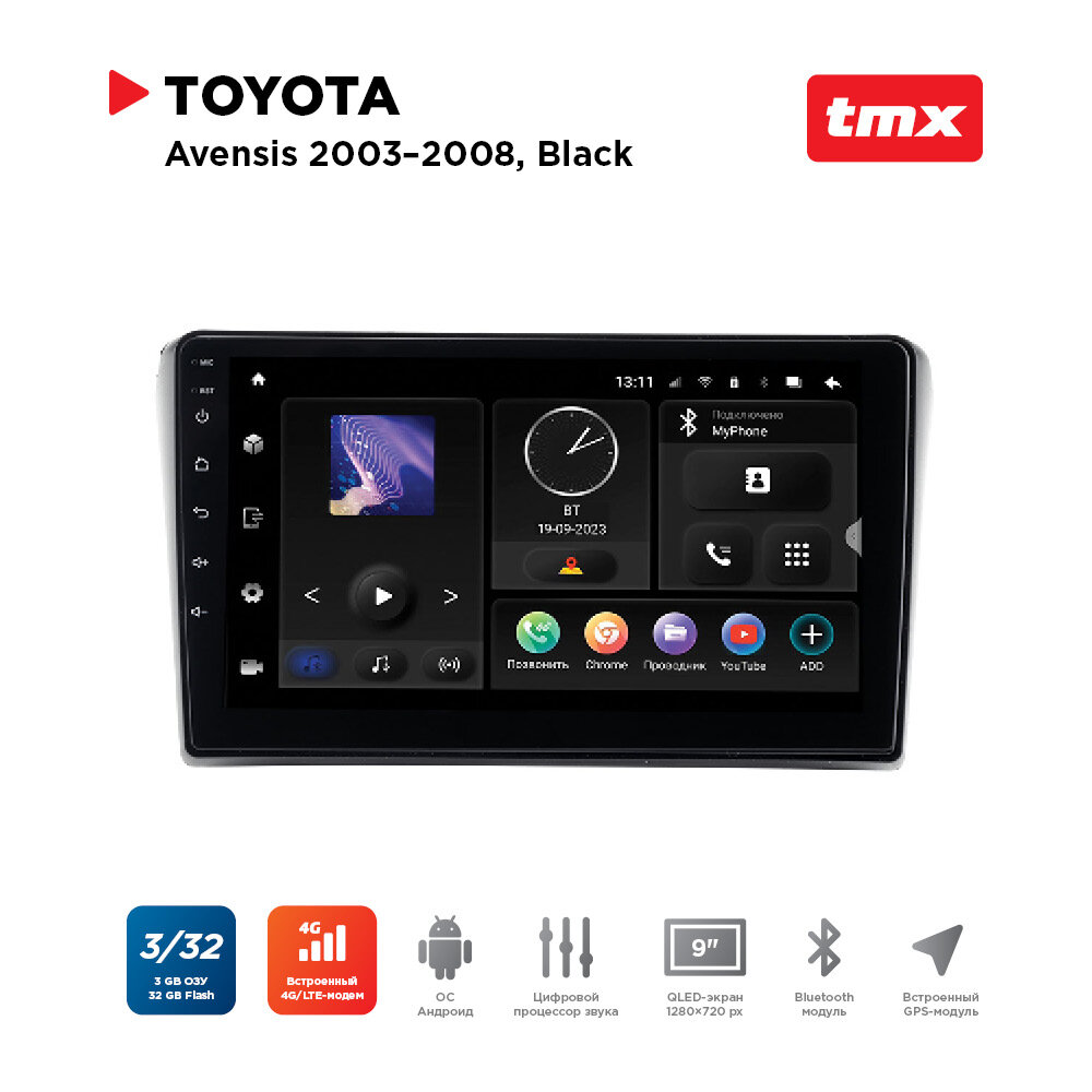 Автомагнитола Toyota Avensis 03-08 black (MAXIMUM Incar TMX-2219-3) Android 10/1280*720, BT, wi-fi, 4G LTE, DSP, 3-32Gb, 9"