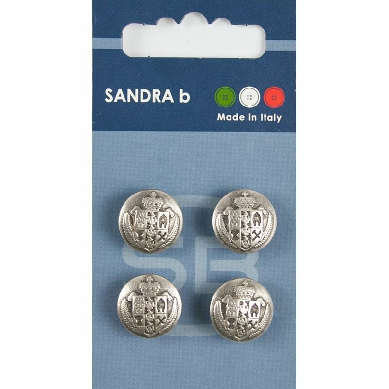Пуговицы SANDRA "Герб", серебристые, 15 мм, 4 шт