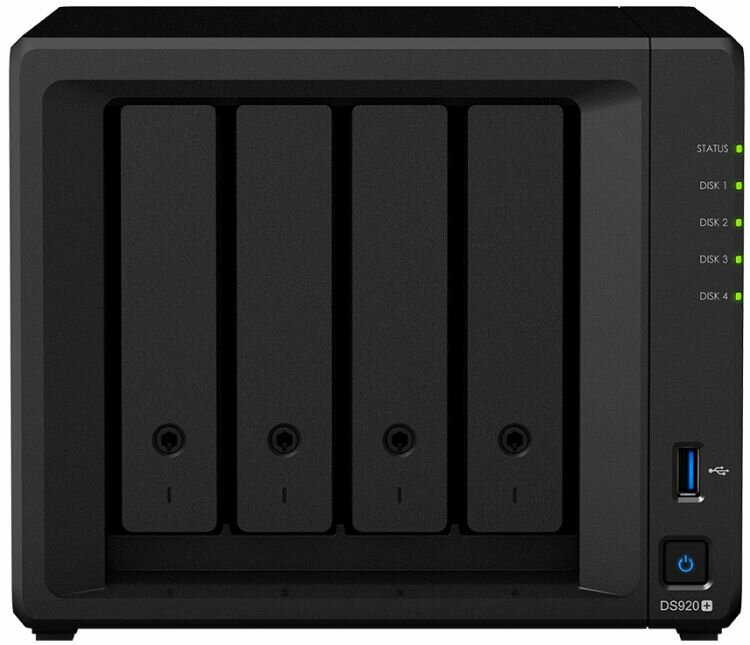 Сетевое хранилище Synology DS920+ настольный 4шт. 2.5",3.5" SATA III 64TB RAID 0,RAID 1,RAID 10,RAID 5,Synology Hybrid RAID 4 GB DDR4 Кол-во сетевые интерфейсов 2шт. 1 Gb/s