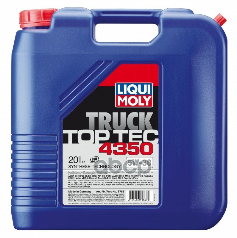 Liqui moly 3786 Liquimoly Нс-Синт. Мот.Масло Top Tec Truck 4350 5w-30 Cj-4/Sn E6/E7/E9 (20л)