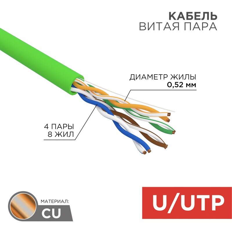 Витая пара 01-0061 ∙ Кабель витая пара U/UTP cat.5e нг(А)-LSLTx 4х2х052мм 24AWG Indoor Solid зеленый 305м Rexant