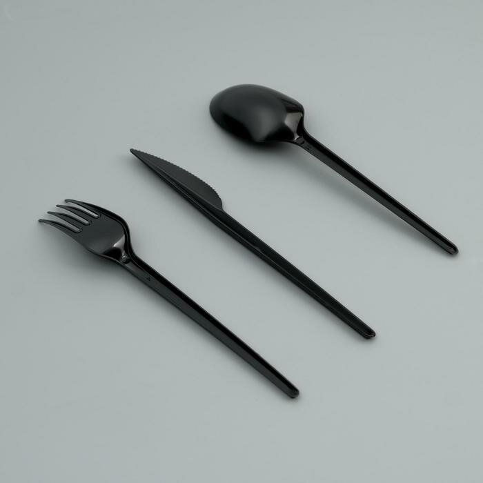 Набор одноразовой посуды 'Вилка, ложка, нож' черный цвет, 16,5 см (25 набор) - фотография № 2