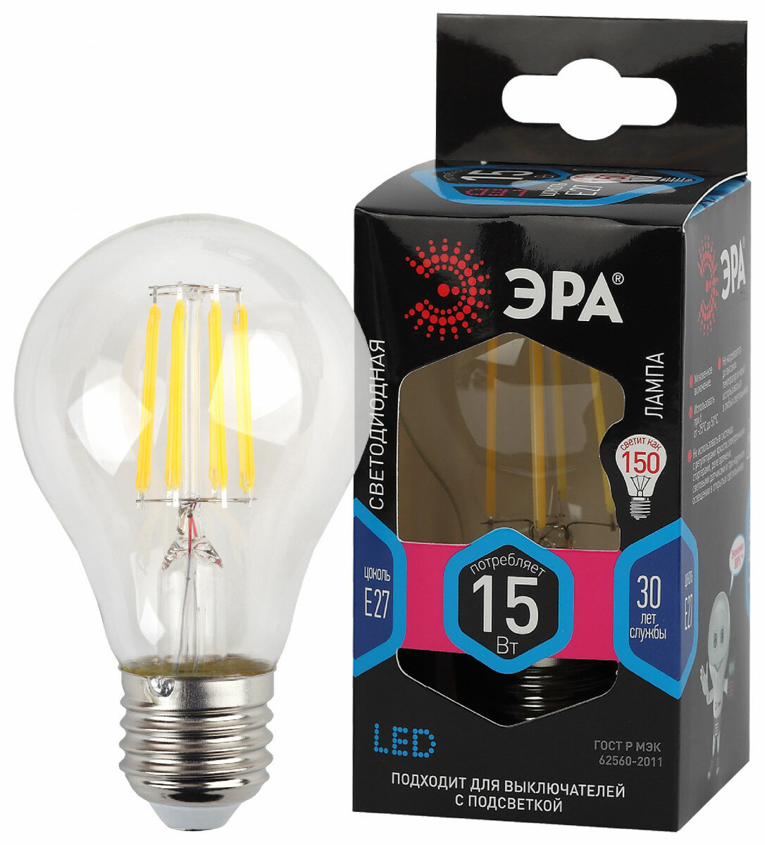 ЭРА F-LED A60-15W-840-E27 ЭРА (филамент, груша, 15Вт, нейтр., Е27) (10/100/1500)