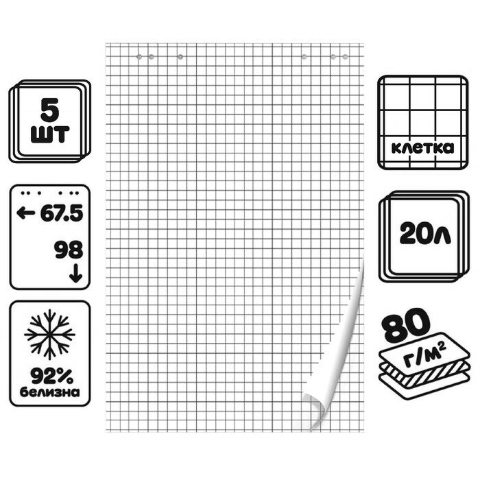 Набор блокнотов 5 штук для флипчарта 675 х 98 см 20 листов в клетку 92% 80 г/м2 Calligrata