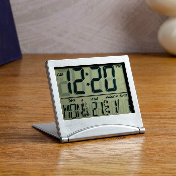 Часы настольные электронные: календарь, будильник, термометр, CR2025 8.8х7.8 см - фотография № 1