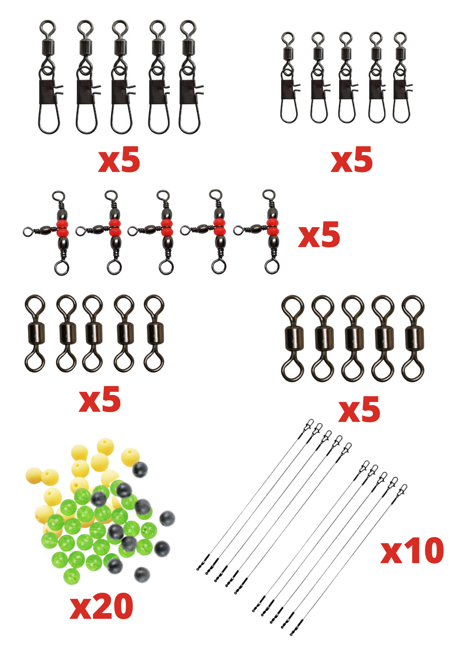 Базовый комплект рыболовных снастей: вертлюг поводок груз бусины застежка сцепка