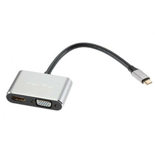 Vcom TUC055 Кабель-концентратор USB3.1 TypeCm -->HDMI+USB3.0+PD+VGA Alum Grey 4K@30Hz, Telecom 6926123465530