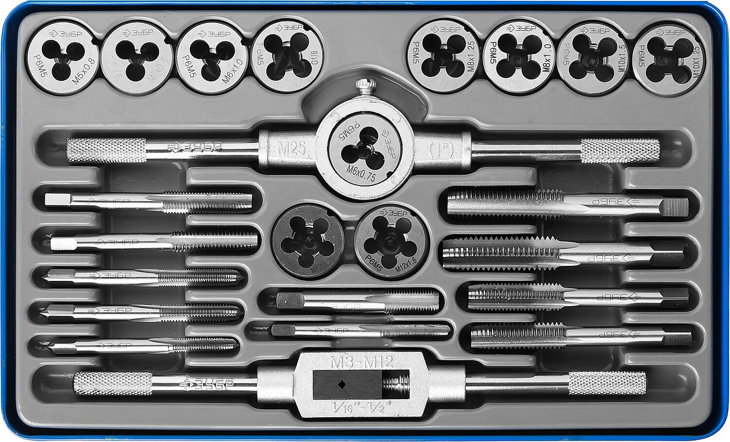 ЗУБР Набор метчиков и плашек ЗУБР "профессионал", сталь Р6М5, 24 предмета