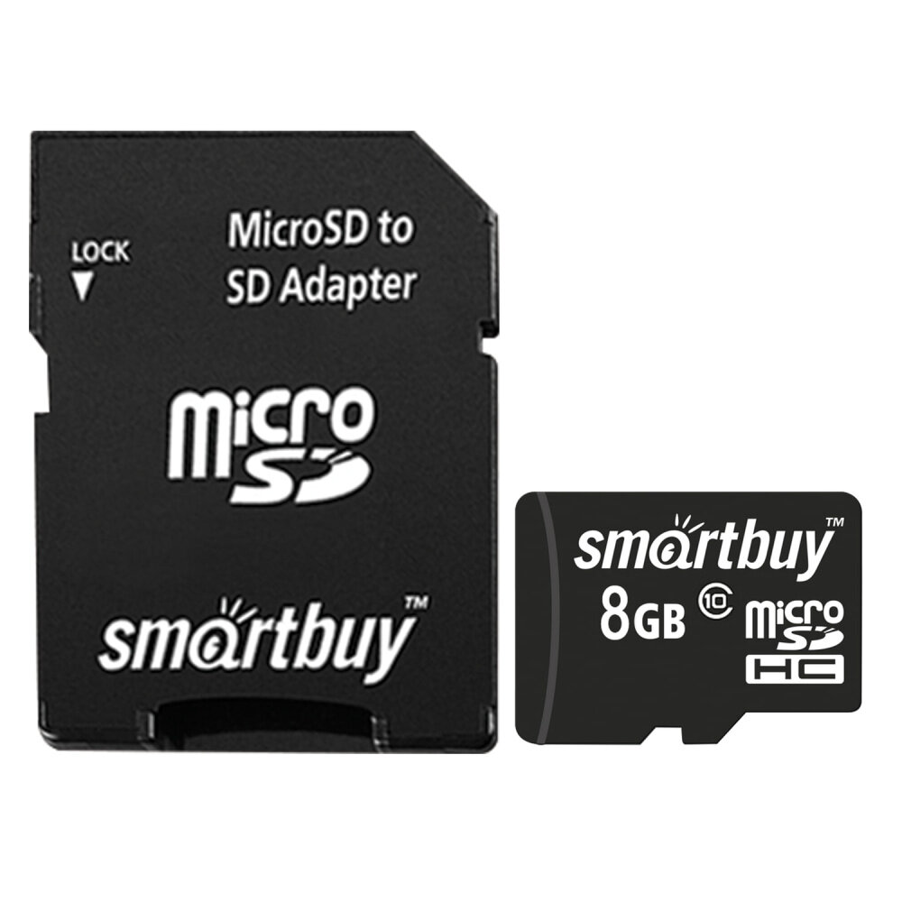 Карта памяти micro SDHC, 8 GB, SMARTBUY, 10 Мб/сек. (class 10), с адаптером, SB8GBSDCL10-01 упаковка 3 шт.