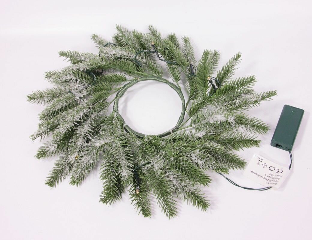 фото Хвойный венок чемберлен заснеженный, 100% литая хвоя, 20 тёплых белых LED-огней, 45 см, батарейки, Black Box 74412/1065837