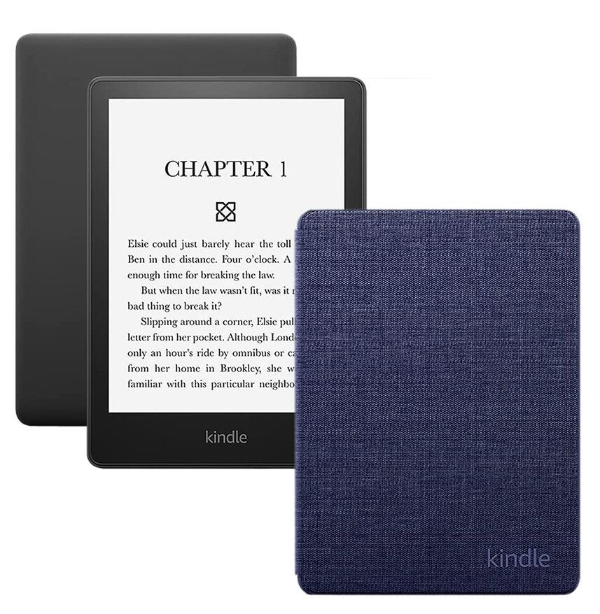 Электронная книга Amazon Kindle PaperWhite 2021 8Gb black Ad-Supported + фирменная обложка Ткань Blue