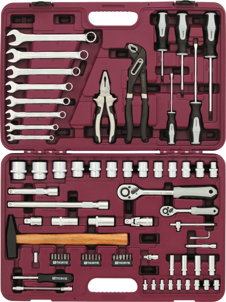 Thorvik UTS0077/12 Набор инструмента универсальный 1/4", 1/2"DR с головками торцевыми 12-гранными, 77 предметов