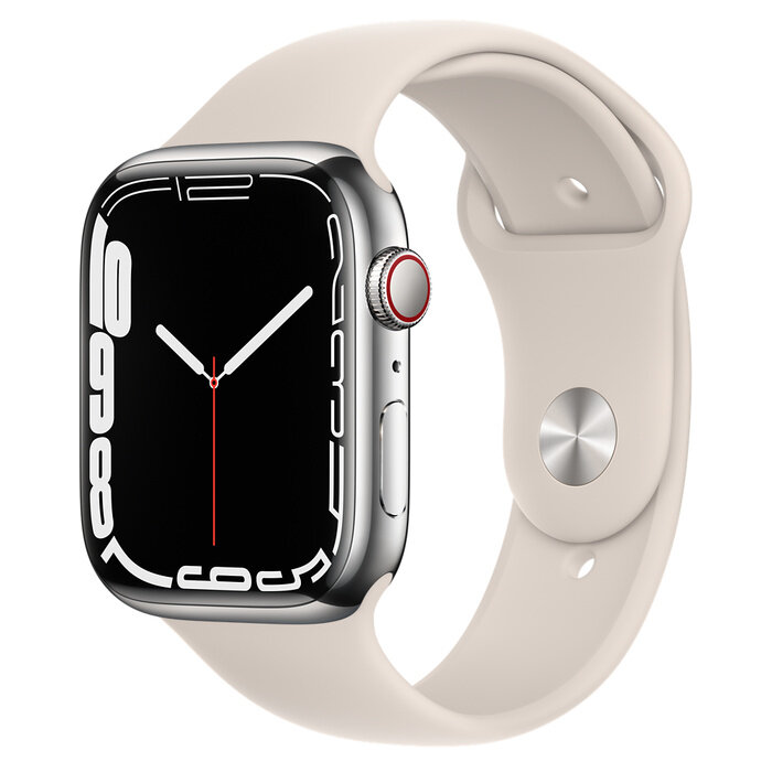 Умные часы Apple Watch Series 7 GPS + Cellular MKJV3FD/A 45мм Silver Stainless Steel Case with Stalight Sport Band, серебристый/звездный