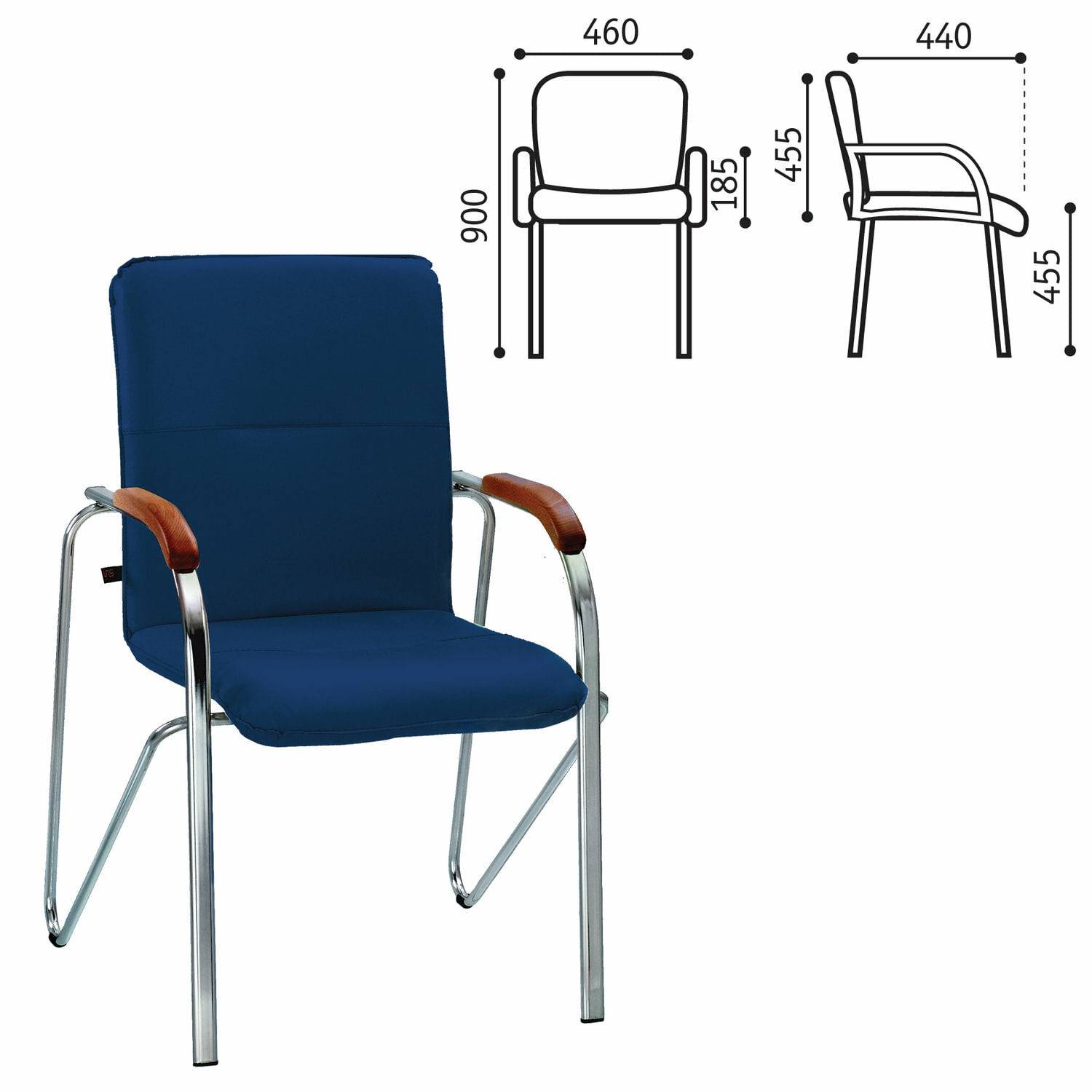 Кресло для приемных и переговорных "Samba", деревянные накладки, хромированный каркас, кожзам, синий