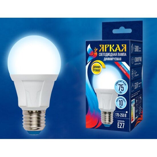 Светодиодная лампа UNIEL LED-A60 10W/6500K/E27/FR/DIM PLP01WH диммируемая. Форма «А», матовая. Серия Яркая. Дневной свет (6500K). Картон. ТМ .