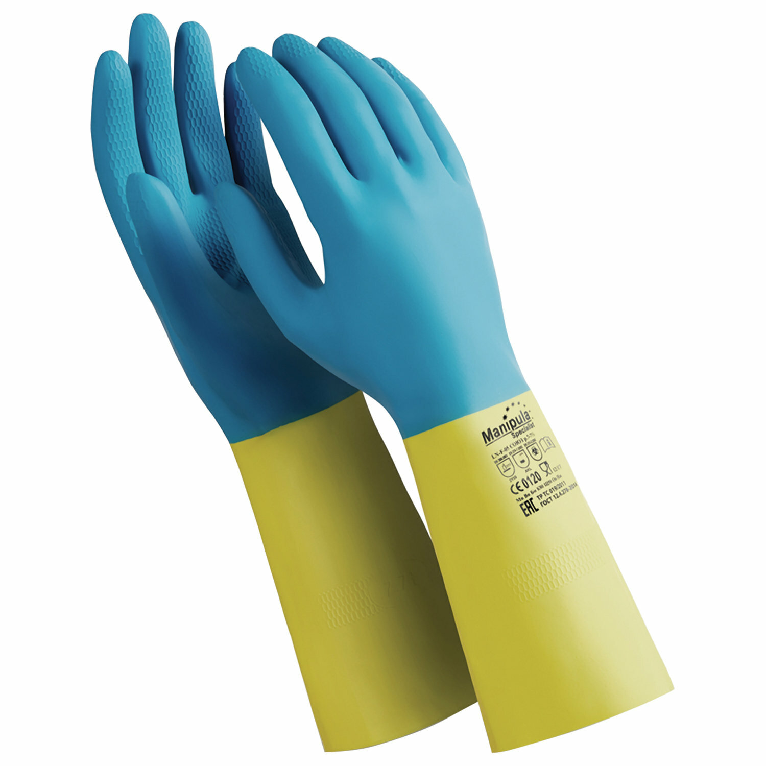 Квант продажи 2 ед. Перчатки латексно-неопреновые MANIPULA «Союз», хлопчатобумажное напыление, размер 8-8,5 (M), синие/желтые, LN-F-05 - фотография № 1