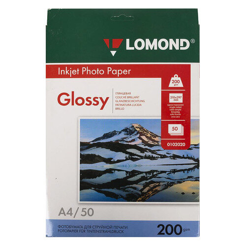 Фотобумага Lomond A4, 200г/м2, 50л, для струйной печати, белый, покрытие глянцевое [0102020]