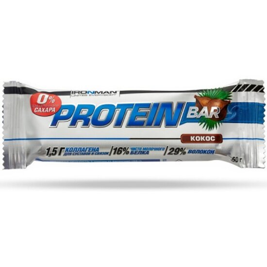 Батончик IRONMAN Protein Bar с коллагеном без сахара, 50 г (Кокос / тёмная глазурь)