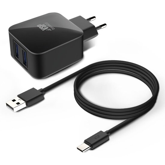 Сетевое зарядное устройство BORASCO 2USB, 2,1A + Дата-кабель Type-C, 2А, 1м, черное