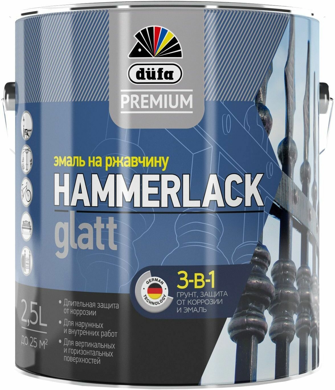 Эмаль по ржавчине 3в1 Dufa Premium Hammerlack белая RAL 9010 глянцевая 25 л