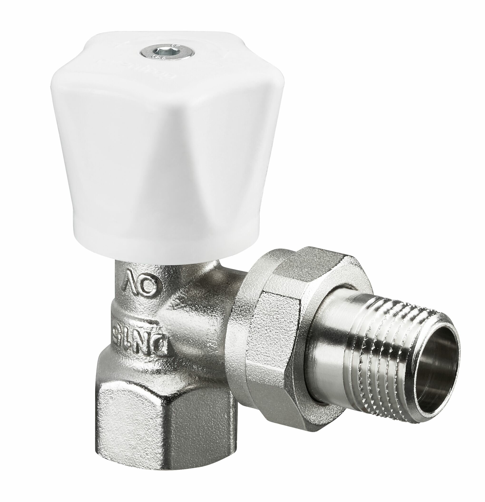 фото Вентиль Oventrop "HR" Ду 15, 1/2", угловой , никелированная латунь, маховик белый, арт.1190504