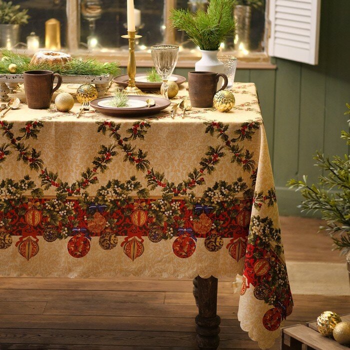 фото Доляна Скатерть новогодняя Доляна "Ёлочные игрушки" 110*145 см, 100% п/э