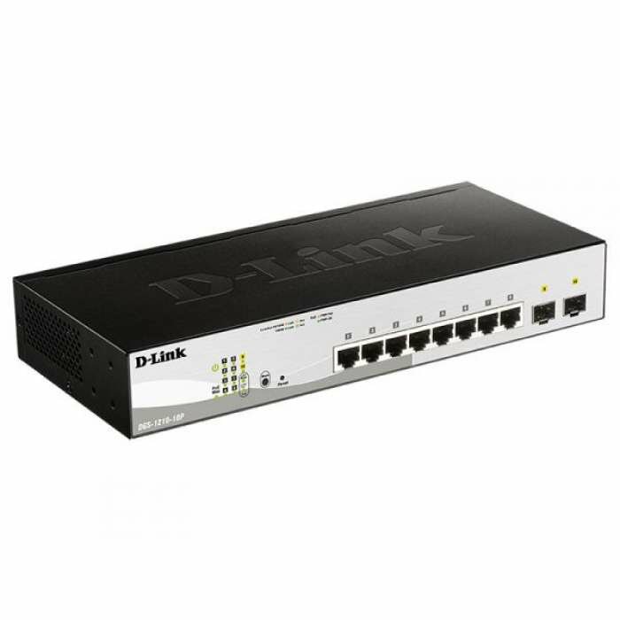  D-Link DGS-1210-10P/FL1A, L2 Managed Switch with 8 10/100/1000Base-T ports and 2 1000Base-X SFP ports (8 PoE ports 802.3af/802.3at (30 W), PoE Budget 65 W).8K Mac address, 802.3x Flow Control, 256 of