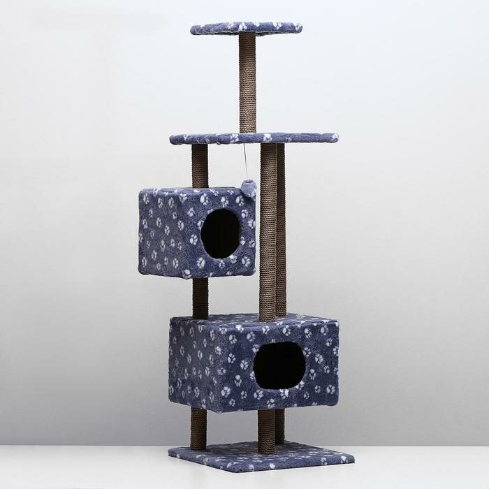 Домик-когтеточка Квадратный с площадкой и полкой для кошек, 65х51х173 см, серая с лапкам