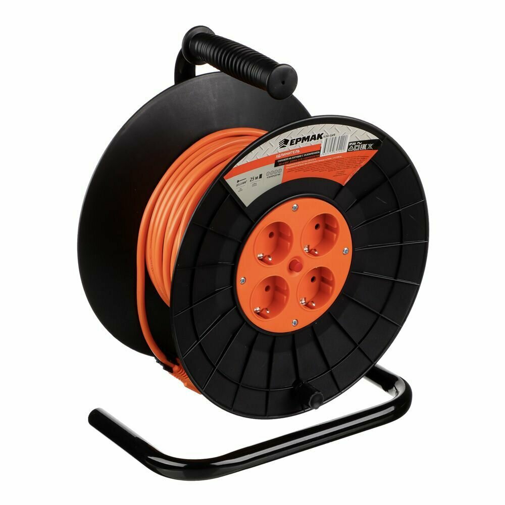 фото Удлинитель силовой на катушке с зазем, 4 гнезда, евро, 3х1,0 мм2, 25м ермак